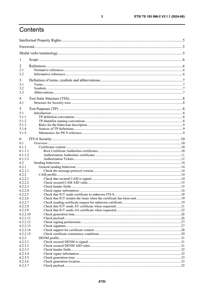 ETSI TS 103 096-2 V2.1.1 (2024-08) - Intelligent Transport Systems (ITS); Testing; Conformance test specifications for ITS Security; Part 2: Test Suite Structure and Test Purposes (TSS & TP); Release 2