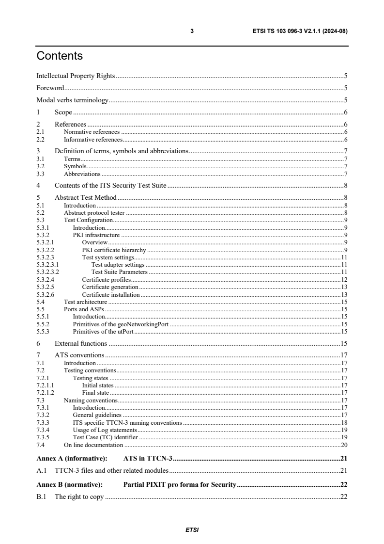 ETSI TS 103 096-3 V2.1.1 (2024-08) - Intelligent Transport Systems (ITS); Testing; Conformance test specifications for ITS Security; Part 3: Abstract Test Suite (ATS) and Protocol Implementation eXtra Information for Testing (PIXIT); Release 2