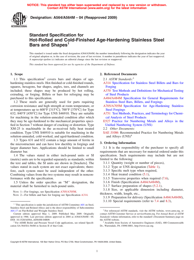 ASTM A564/A564M-04(2009) - Standard Specification for Hot-Rolled and Cold-Finished Age-Hardening Stainless Steel Bars and Shapes