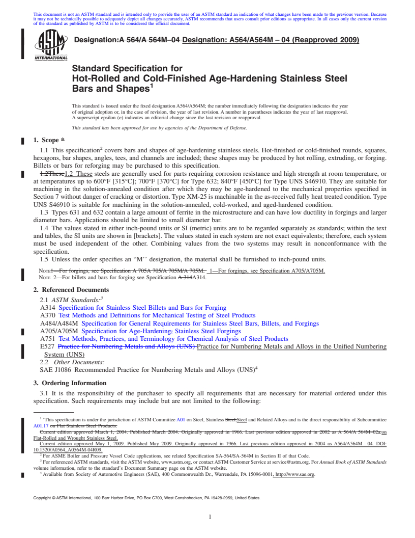 REDLINE ASTM A564/A564M-04(2009) - Standard Specification for Hot-Rolled and Cold-Finished Age-Hardening Stainless Steel Bars and Shapes