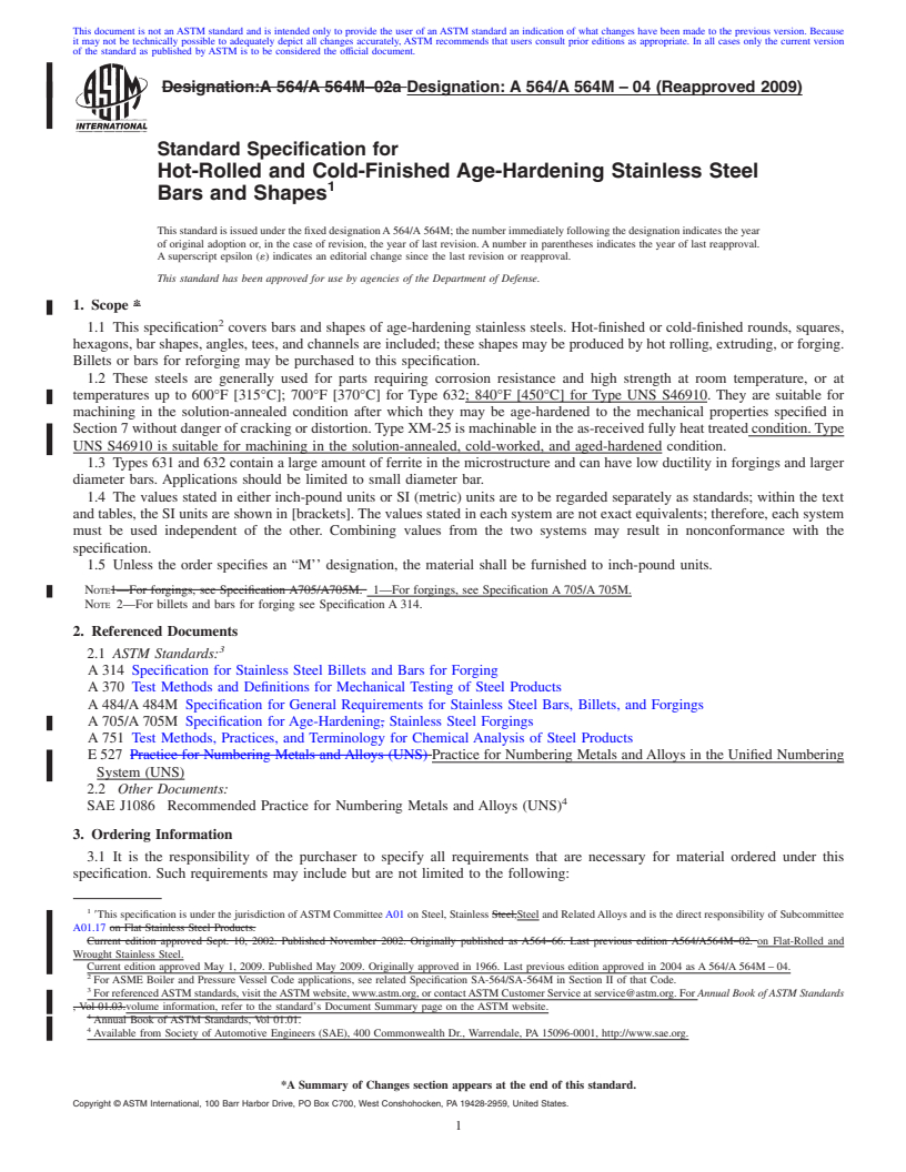 REDLINE ASTM A564/A564M-04(2009) - Standard Specification for Hot-Rolled and Cold-Finished Age-Hardening Stainless Steel Bars and Shapes