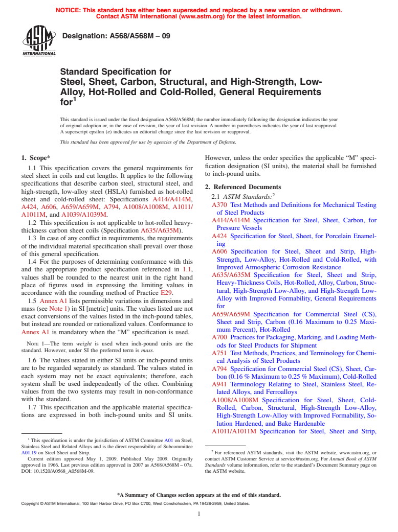 ASTM A568/A568M-09 - Standard Specification for  Steel, Sheet, Carbon, Structural, and High-Strength, Low-Alloy,  Hot-Rolled  and Cold-Rolled, General Requirements for