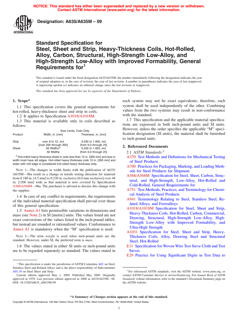 ASTM A635/A635M-09 - Standard Specification for  Steel, Sheet and Strip, Heavy-Thickness Coils, Hot-Rolled, Alloy, Carbon, Structural, High-Strength Low-Alloy, and High-Strength Low-Alloy with Improved Formability, General Requirements for