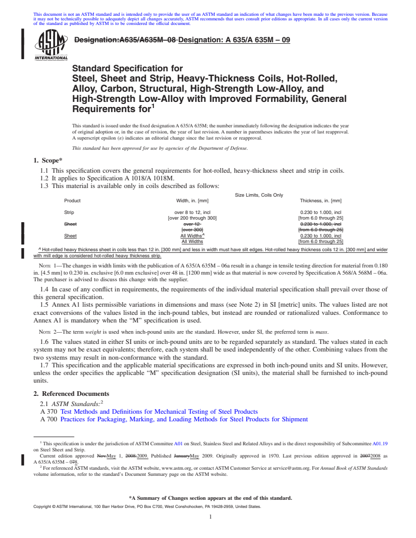 REDLINE ASTM A635/A635M-09 - Standard Specification for  Steel, Sheet and Strip, Heavy-Thickness Coils, Hot-Rolled, Alloy, Carbon, Structural, High-Strength Low-Alloy, and High-Strength Low-Alloy with Improved Formability, General Requirements for