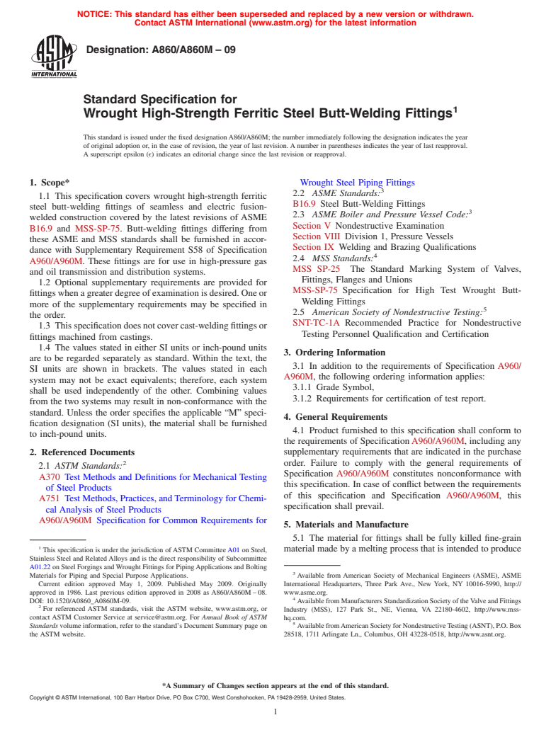 ASTM A860/A860M-09 - Standard Specification for Wrought High-Strength Low-Alloy Steel Butt-Welding Fittings