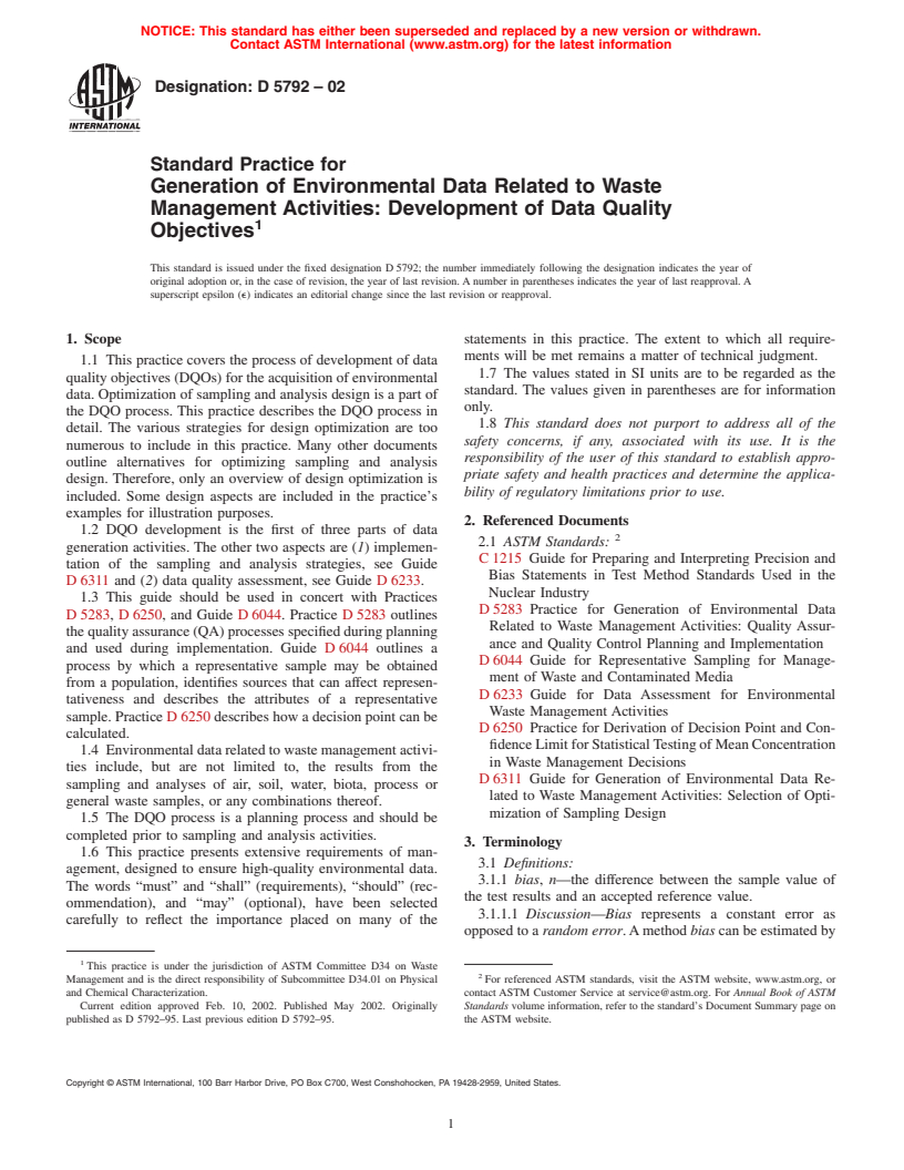 ASTM D5792-02 - Standard Practice for Generation of Environmental Data Related to Waste Management Activities:  Development of Data Quality Objectives