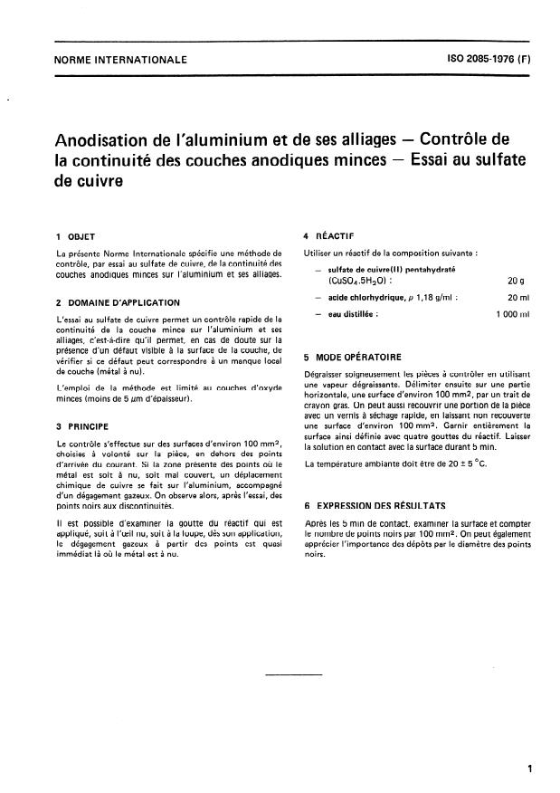 ISO 2085:1976 - Anodisation de l'aluminium et de ses alliages -- Contrôle de la continuité des couches anodiques minces -- Essai au sulfate de cuivre