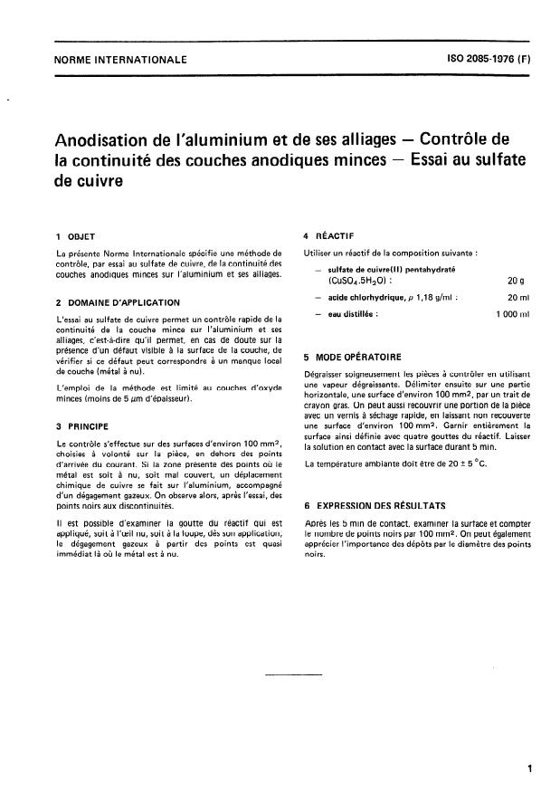 ISO 2085:1976 - Anodisation de l'aluminium et de ses alliages -- Contrôle de la continuité des couches anodiques minces -- Essai au sulfate de cuivre