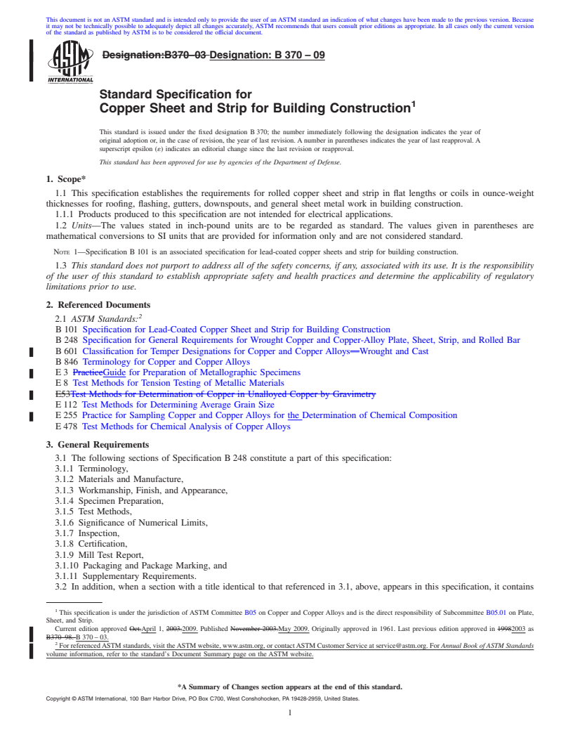 REDLINE ASTM B370-09 - Standard Specification for Copper Sheet and Strip for Building Construction