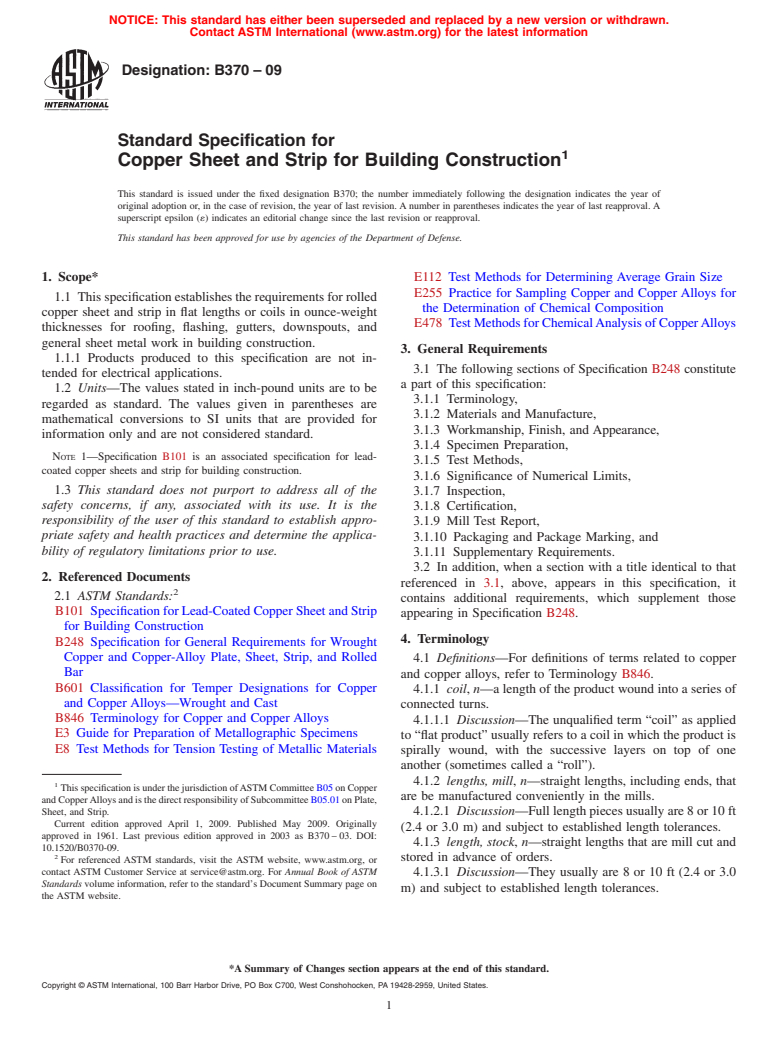 ASTM B370-09 - Standard Specification for Copper Sheet and Strip for Building Construction