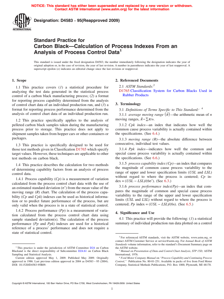 ASTM D4583-95(2009) - Standard Practice for Carbon Black&#8212;Calculation of Process Indexes From an Analysis of Process Control Data