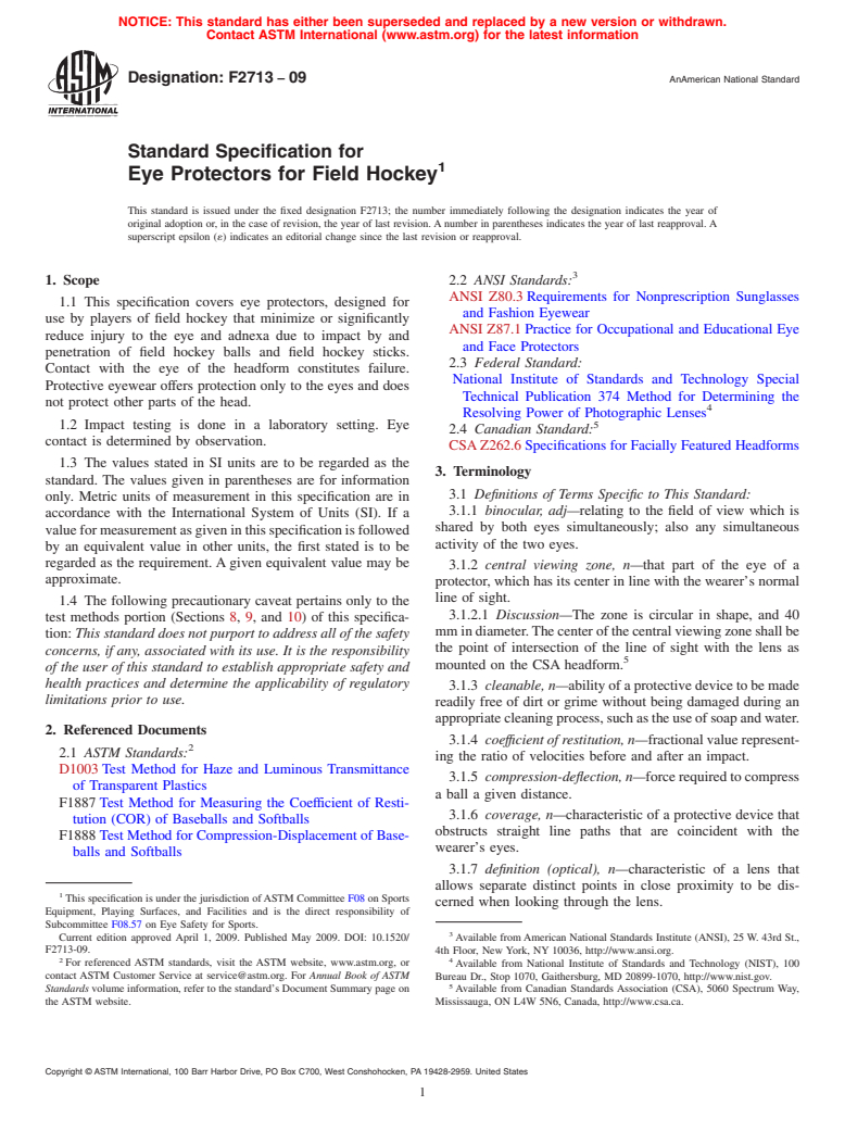 ASTM F2713-09 - Standard Specification for Eye Protectors for Field Hockey