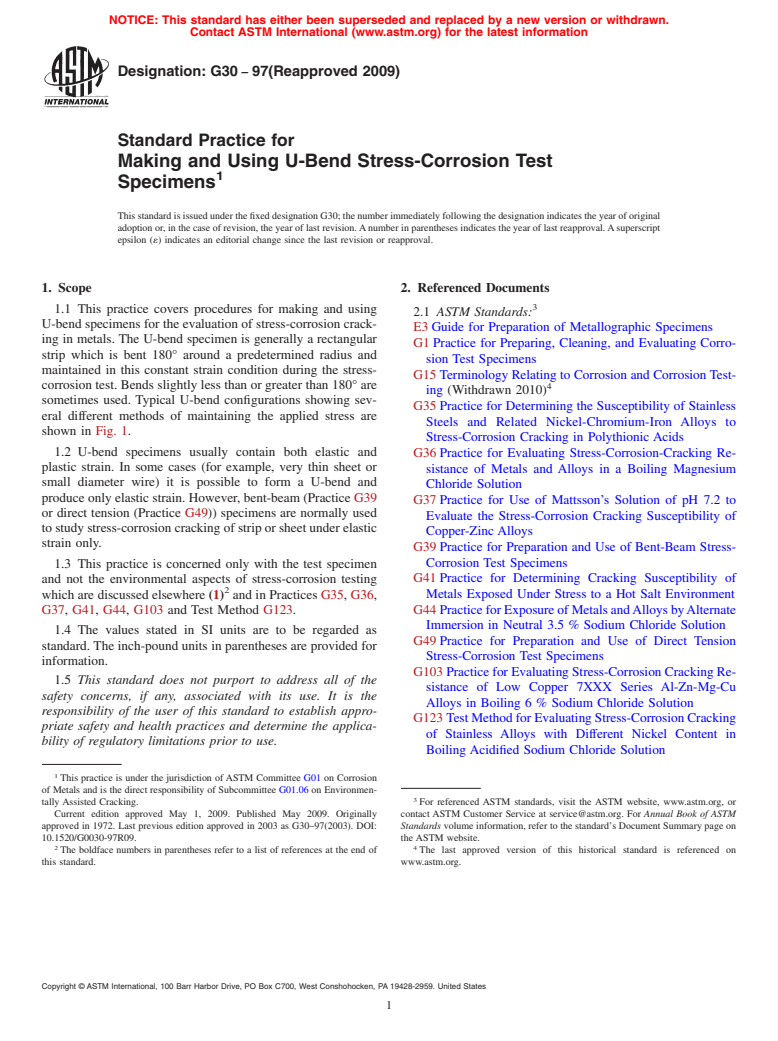 ASTM G30-97(2009) - Standard Practice for Making and Using U-Bend Stress-Corrosion Test Specimens