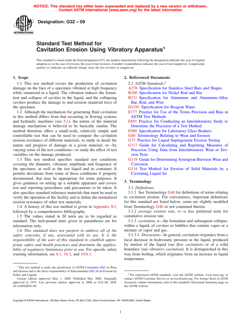 ASTM G32-09 - Standard Test Method for Cavitation Erosion Using Vibratory Apparatus