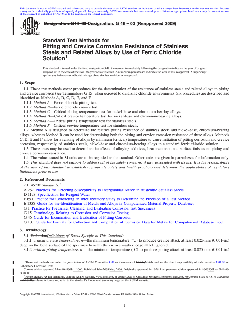 REDLINE ASTM G48-03(2009) - Standard Test Methods for Pitting and Crevice Corrosion Resistance of Stainless Steels and Related Alloys by Use of Ferric Chloride Solution