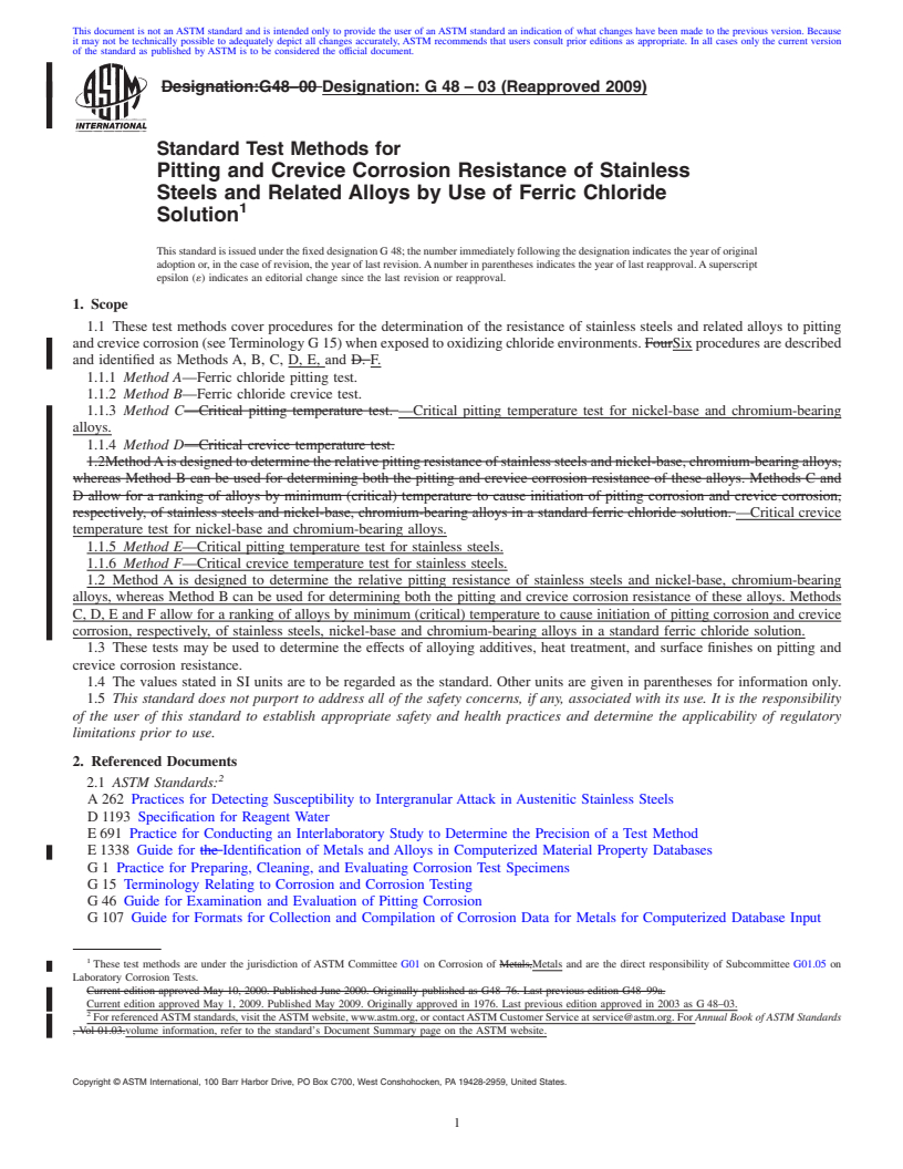 REDLINE ASTM G48-03(2009) - Standard Test Methods for Pitting and Crevice Corrosion Resistance of Stainless Steels and Related Alloys by Use of Ferric Chloride Solution