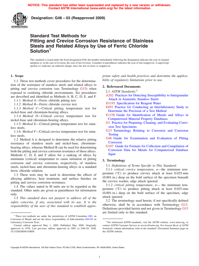 ASTM G48-03(2009) - Standard Test Methods for Pitting and Crevice Corrosion Resistance of Stainless Steels and Related Alloys by Use of Ferric Chloride Solution