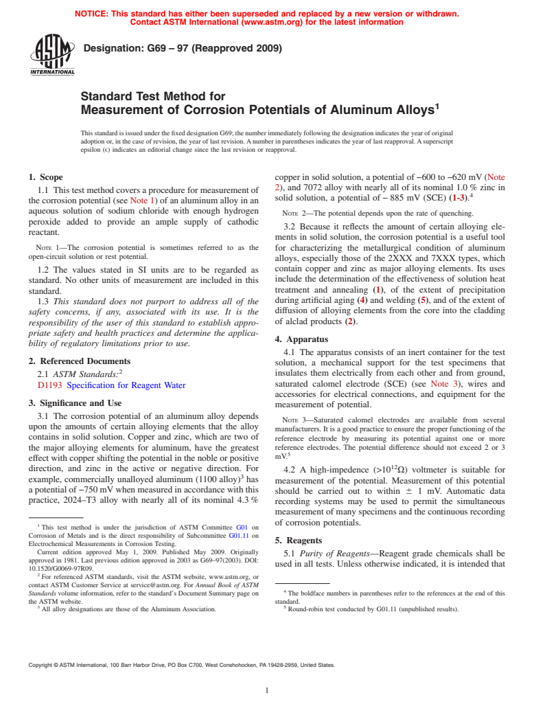 ASTM G69-97(2009) - Standard Test Method for Measurement of Corrosion Potentials of Aluminum Alloys