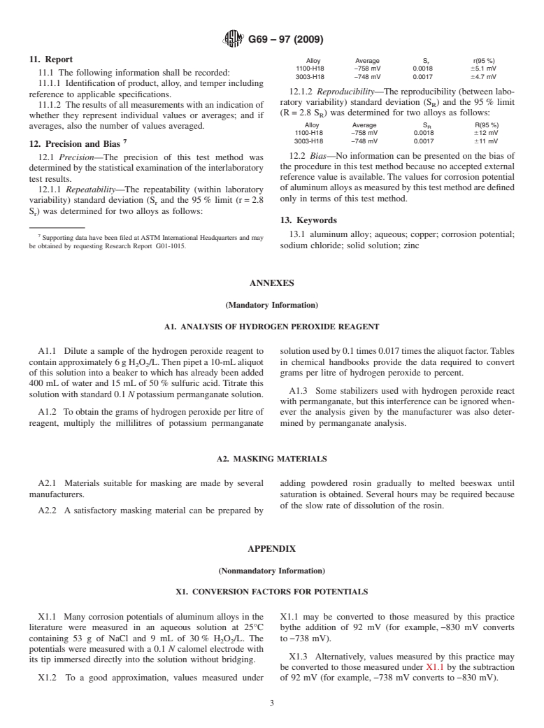 ASTM G69-97(2009) - Standard Test Method for Measurement of Corrosion Potentials of Aluminum Alloys