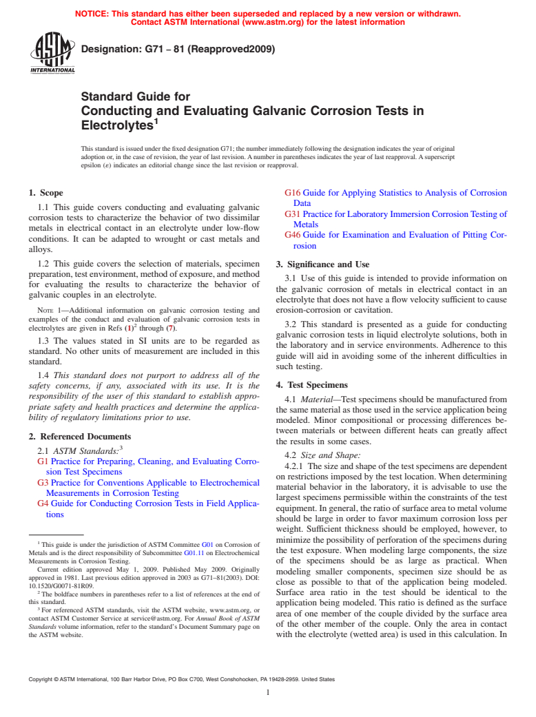 ASTM G71-81(2009) - Standard Guide for Conducting and Evaluating Galvanic Corrosion Tests in Electrolytes