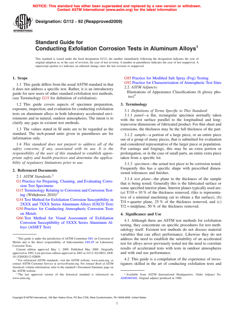 ASTM G112-92(2009) - Standard Guide for Conducting Exfoliation Corrosion Tests in Aluminum Alloys