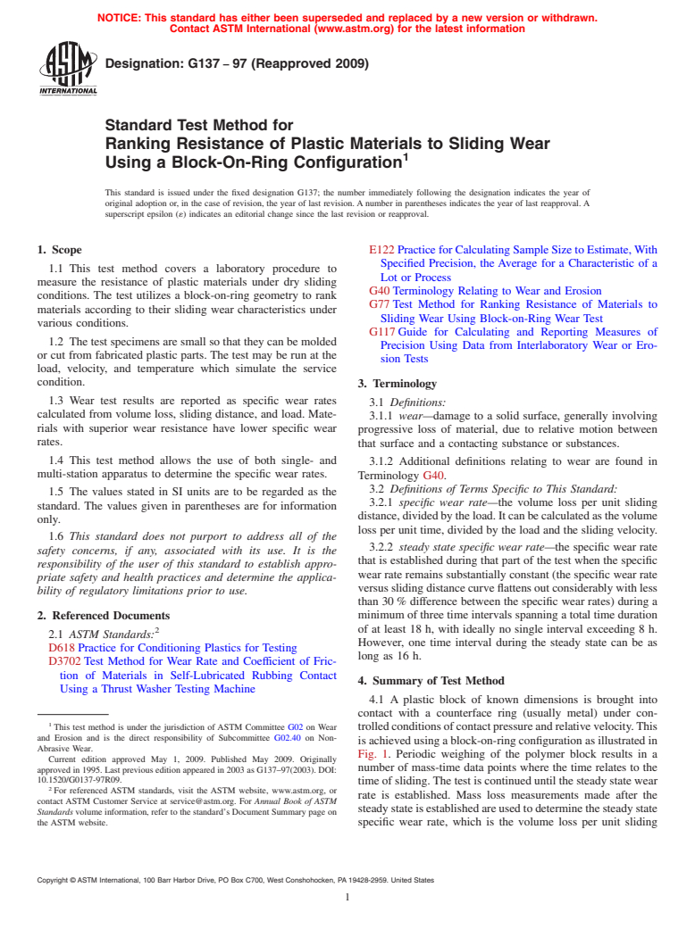 ASTM G137-97(2009) - Standard Test Method for Ranking Resistance of Plastic Materials to Sliding Wear Using a Block-On-Ring Configuration