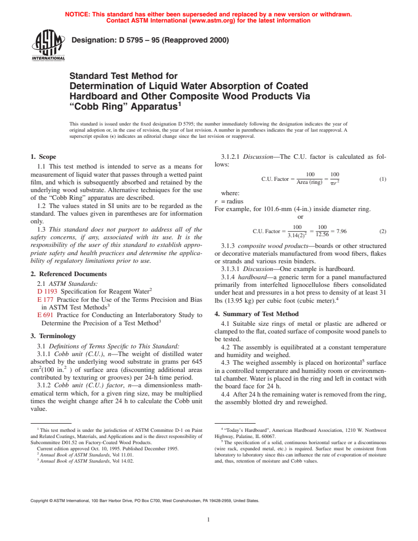 ASTM D5795-95(2000) - Standard Test Method for Determination of Liquid Water Absorption of Coated Hardboard and Other Composite Wood Products Via "Cobb Ring" Apparatus