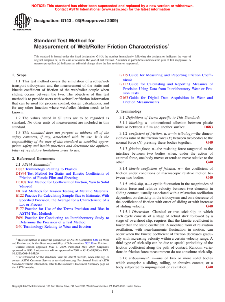 ASTM G143-03(2009) - Standard Test Method for Measurement of Web/Roller Friction Characteristics