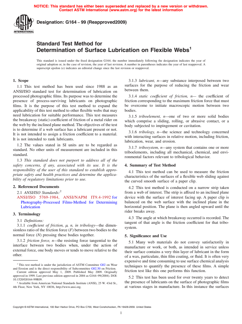 ASTM G164-99(2009) - Standard Test Method for Determination of Surface Lubrication on Flexible Webs