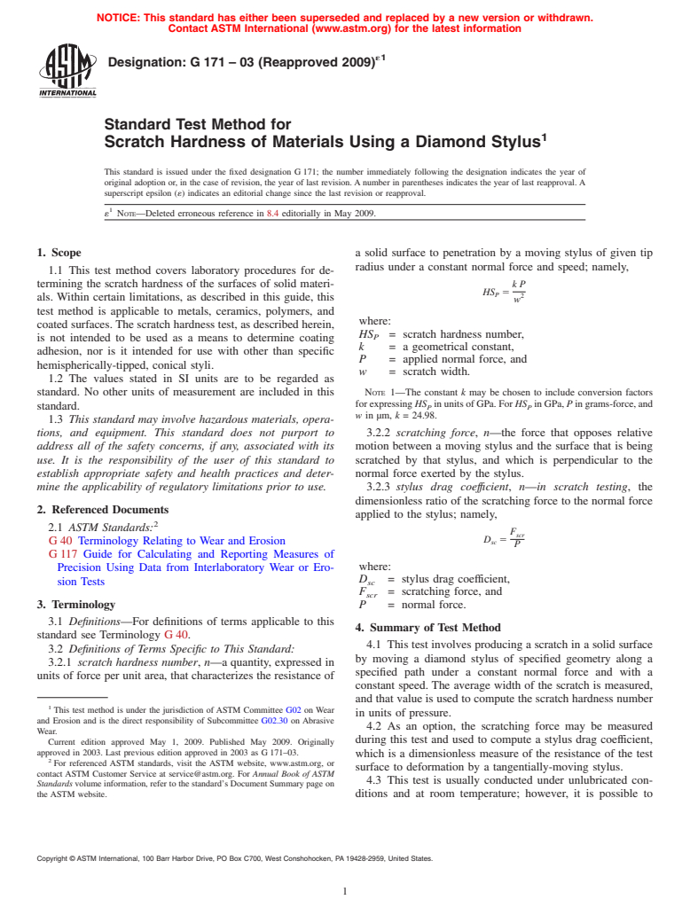 ASTM G171-03(2009)e1 - Standard Test Method for Scratch Hardness of Materials Using a Diamond Stylus