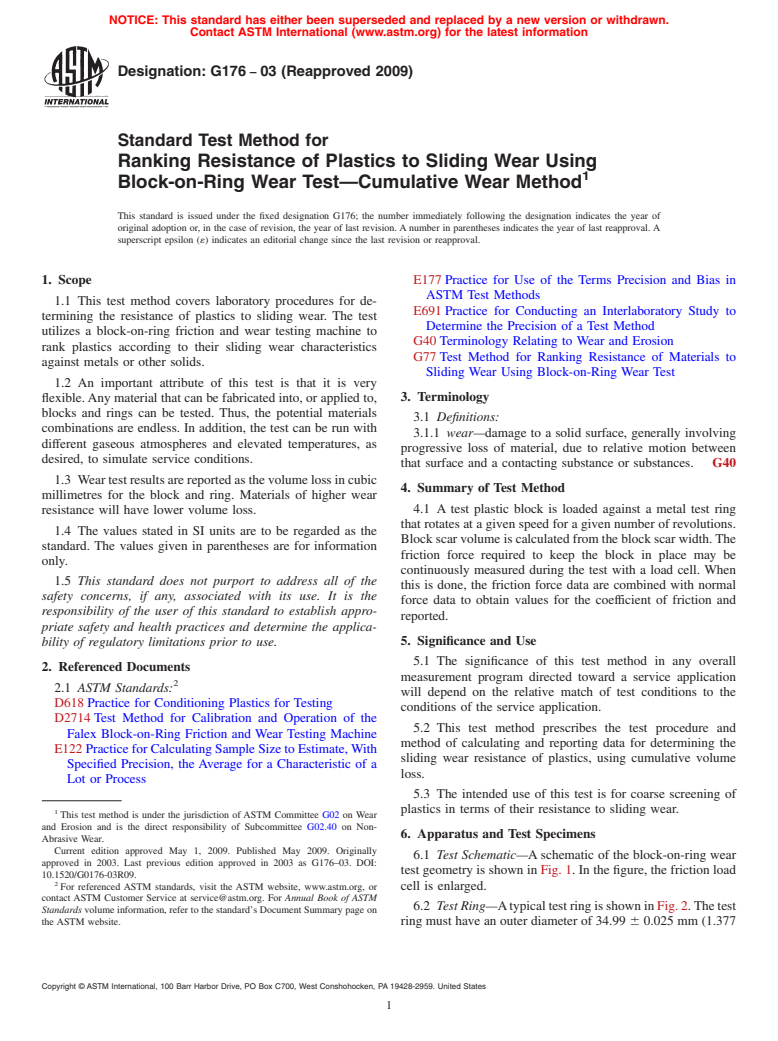 ASTM G176-03(2009) - Standard Test Method for Ranking Resistance of Plastics to Sliding Wear using Block-on-Ring Wear Test&#8212;Cumulative Wear Method