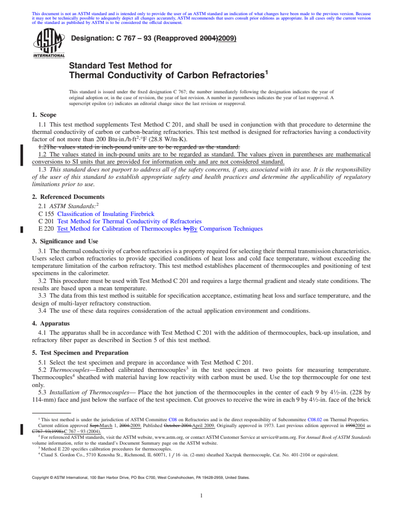 REDLINE ASTM C767-93(2009) - Standard Test Method for Thermal Conductivity of Carbon Refractories