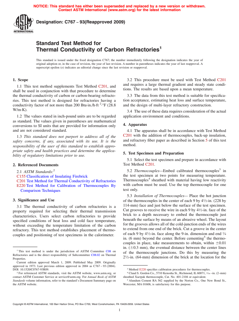 ASTM C767-93(2009) - Standard Test Method for Thermal Conductivity of Carbon Refractories