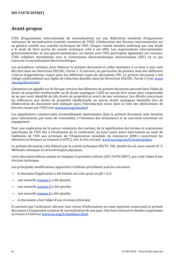 ISO 23470:2018 ISO 23470:2018 - Qualité du sol -- Détermination de la capacité d'échange cationique (CEC) effective et des cations échangeables a l'aide d'une solution de trichlorure de cobaltihexammine - Page 4 preview