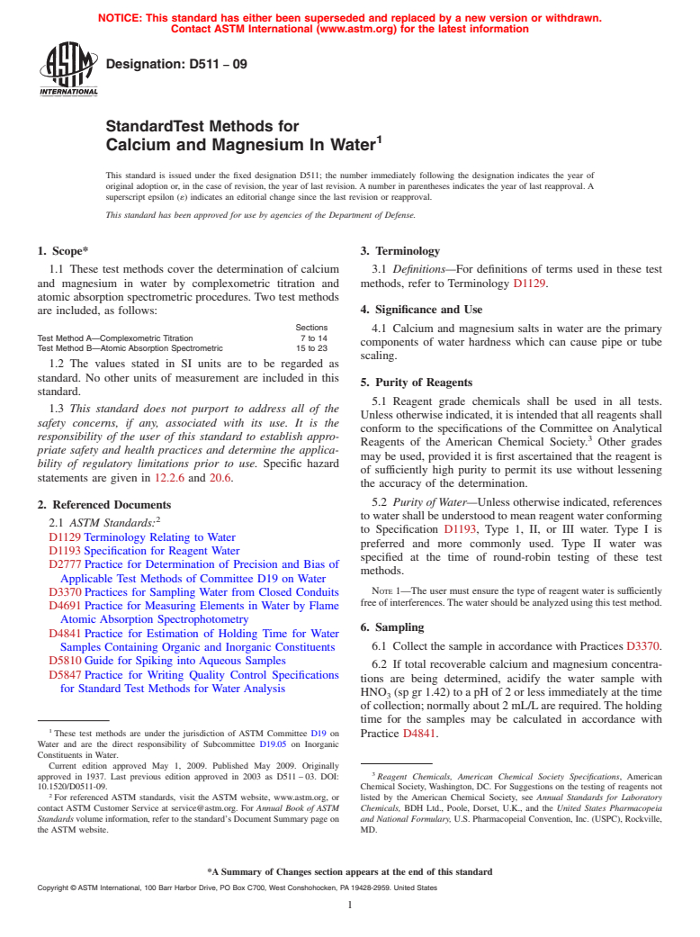 ASTM D511-09 - Standard Test Methods for Calcium and Magnesium In Water