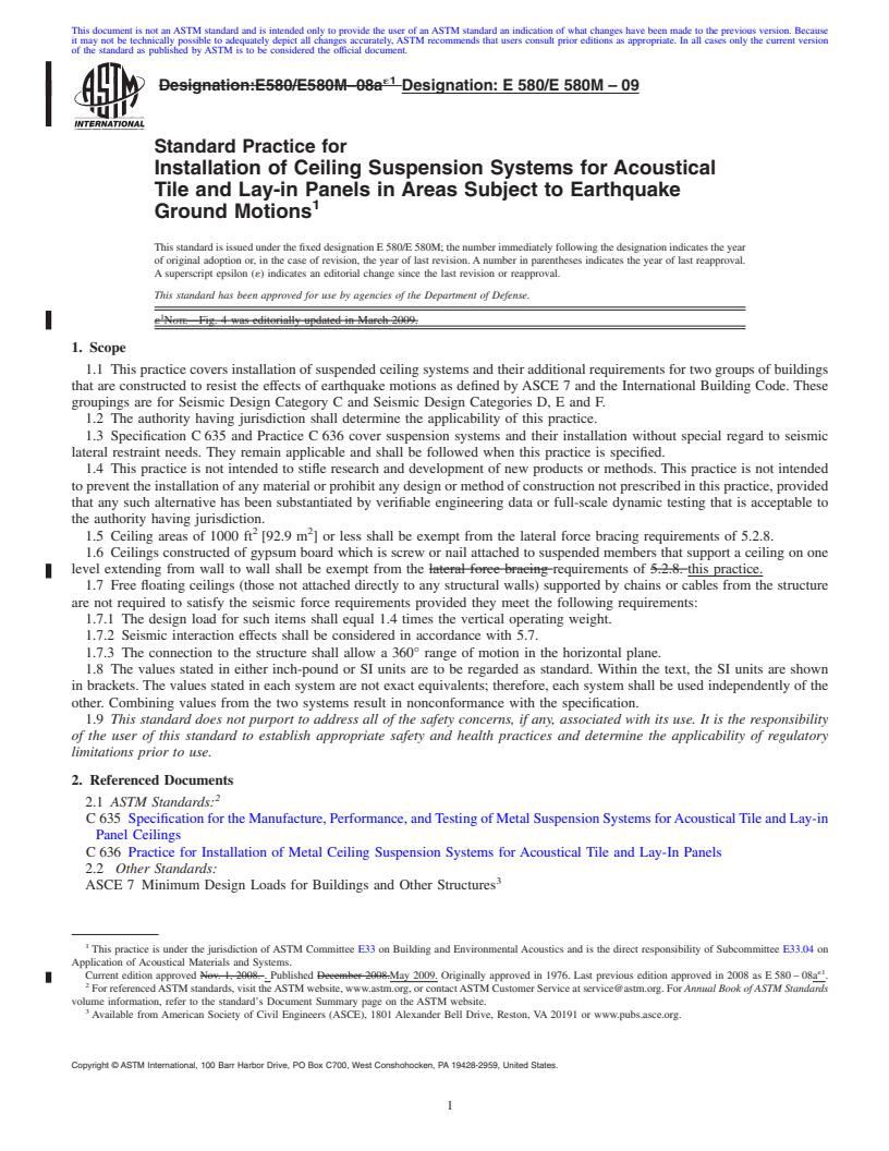 REDLINE ASTM E580/E580M-09 - Standard Practice for  Installation of Ceiling Suspension Systems for Acoustical Tile and Lay-in Panels in Areas Subject to Earthquake Ground Motions