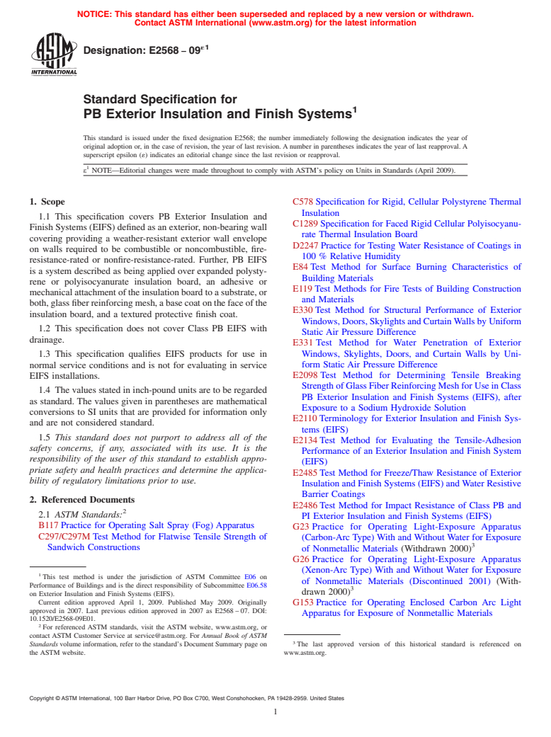 ASTM E2568-09e1 - Standard Specification for PB Exterior Insulation and Finish Systems