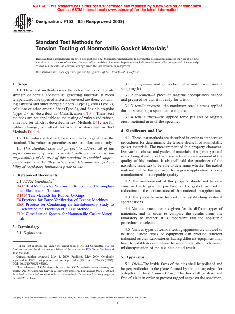 ASTM F152-95(2009) - Standard Test Methods for Tension Testing of Nonmetallic Gasket Materials