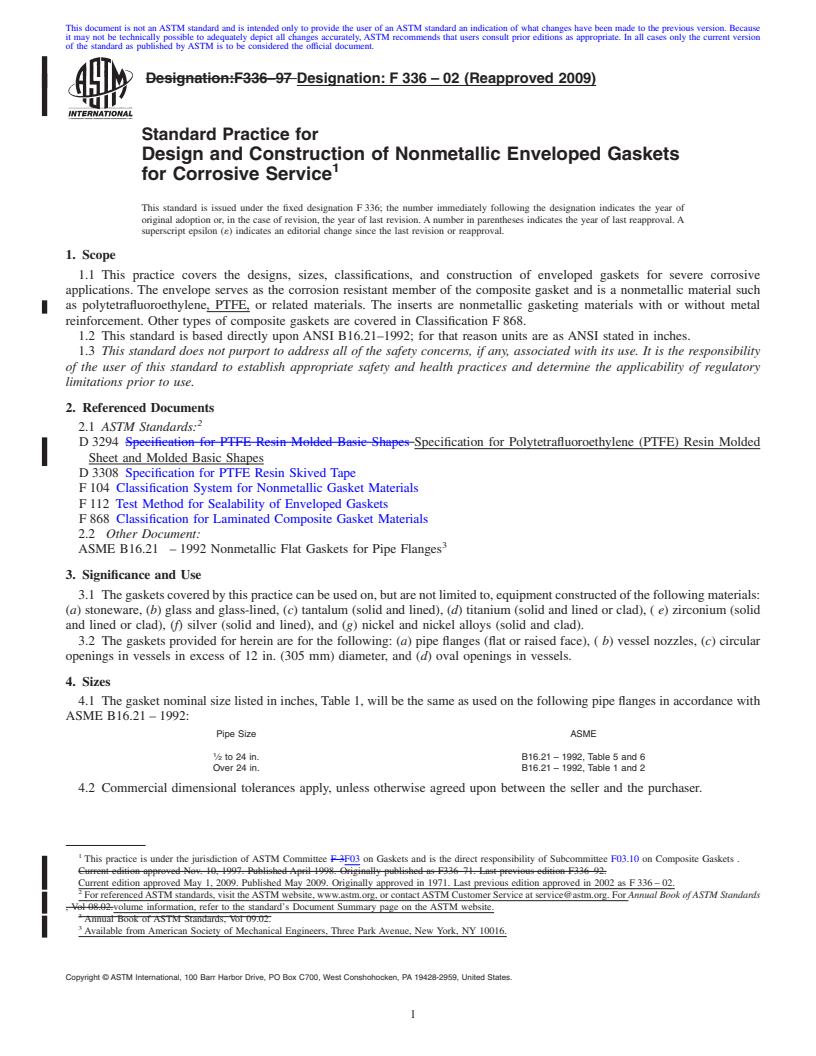 REDLINE ASTM F336-02(2009) - Standard Practice for Design and Construction of Nonmetallic Enveloped Gaskets for Corrosive Service