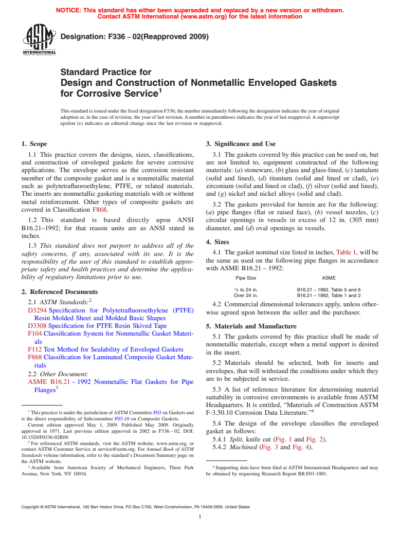 ASTM F336-02(2009) - Standard Practice for Design and Construction of Nonmetallic Enveloped Gaskets for Corrosive Service