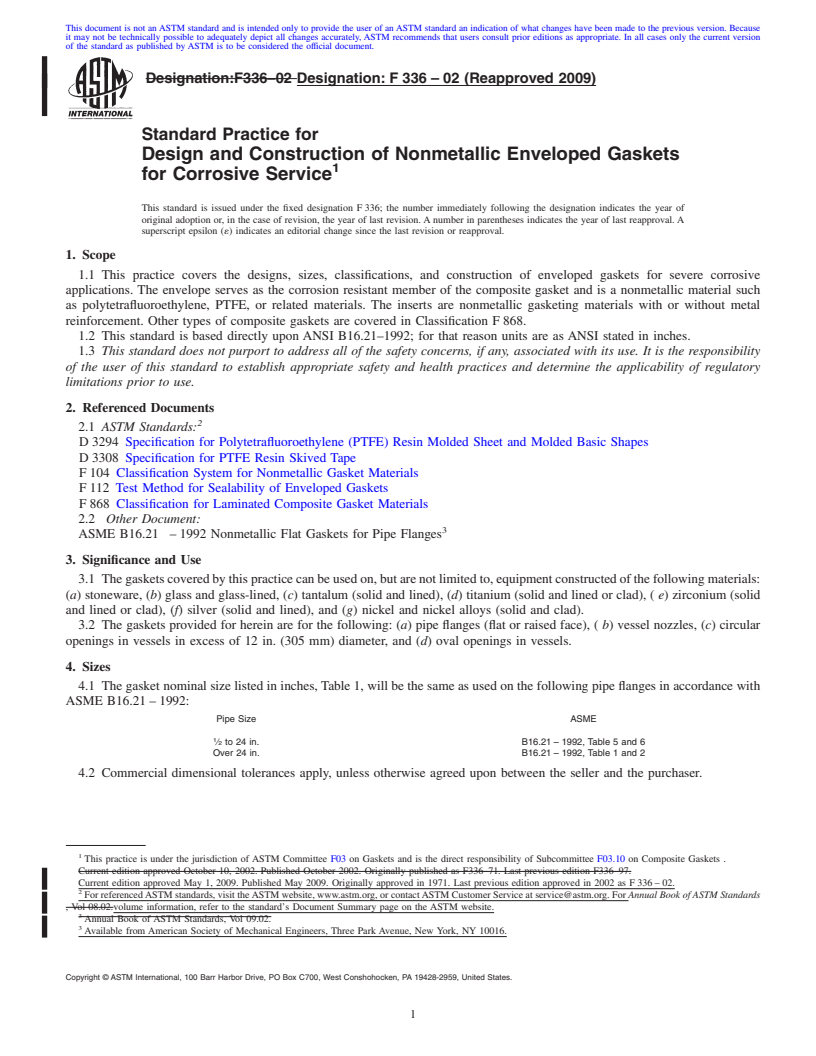 REDLINE ASTM F336-02(2009) - Standard Practice for Design and Construction of Nonmetallic Enveloped Gaskets for Corrosive Service