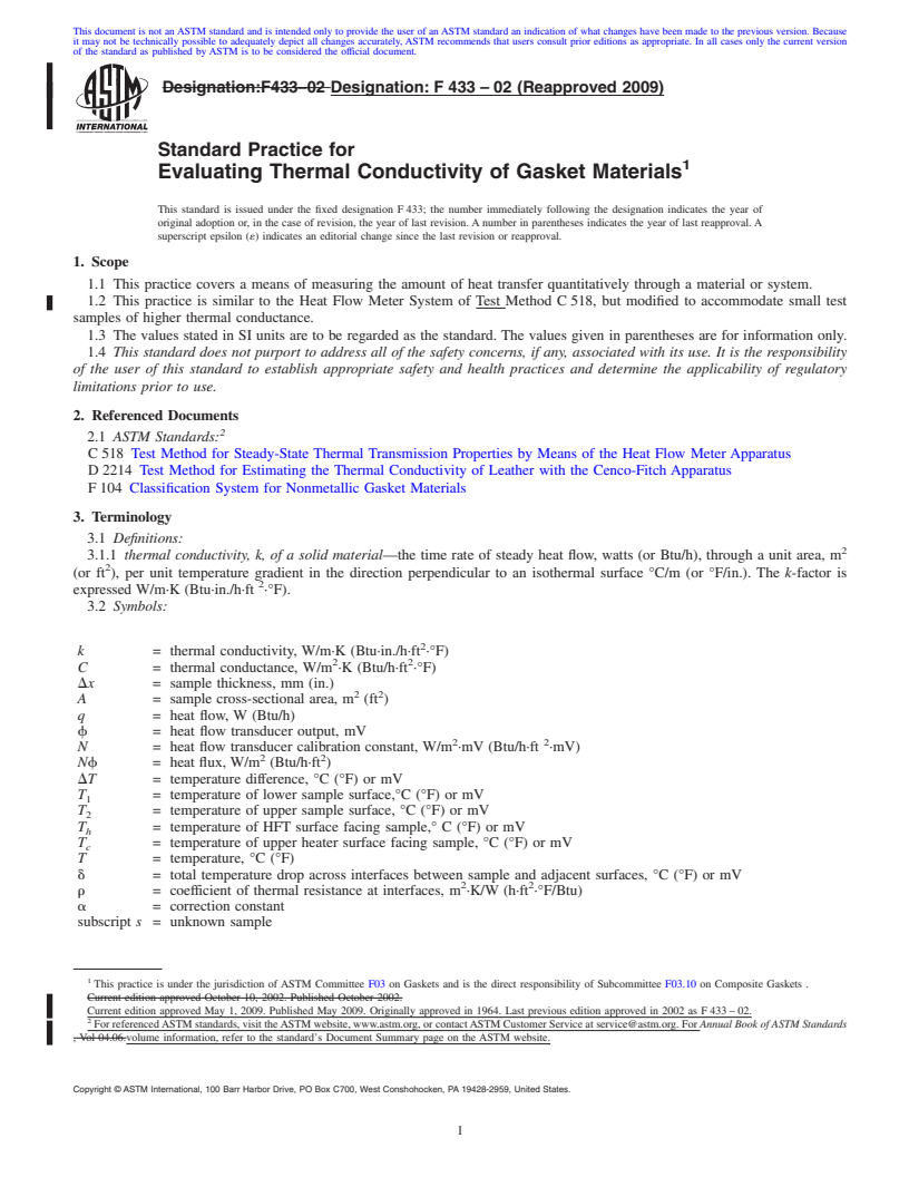 REDLINE ASTM F433-02(2009) - Standard Practice for Evaluating Thermal Conductivity of Gasket Materials