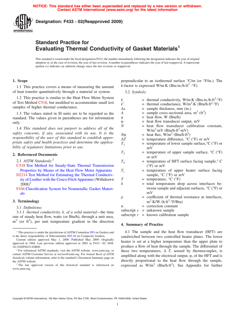 ASTM F433-02(2009) - Standard Practice for Evaluating Thermal Conductivity of Gasket Materials