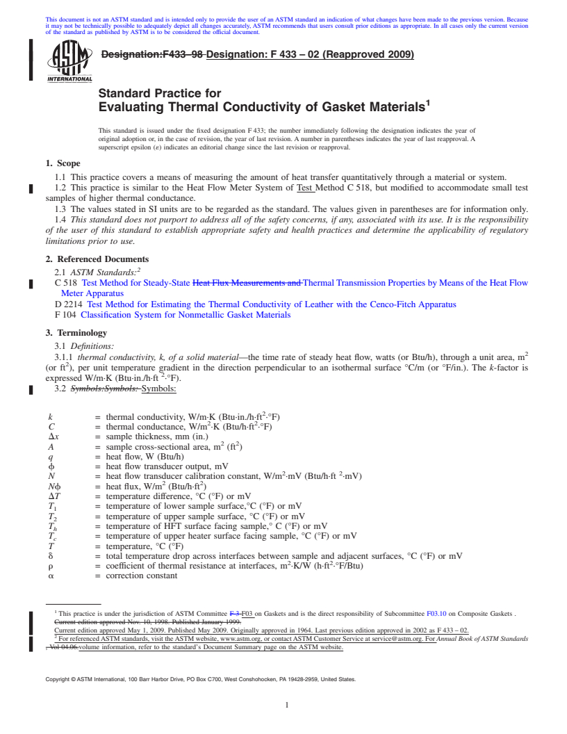 REDLINE ASTM F433-02(2009) - Standard Practice for Evaluating Thermal Conductivity of Gasket Materials