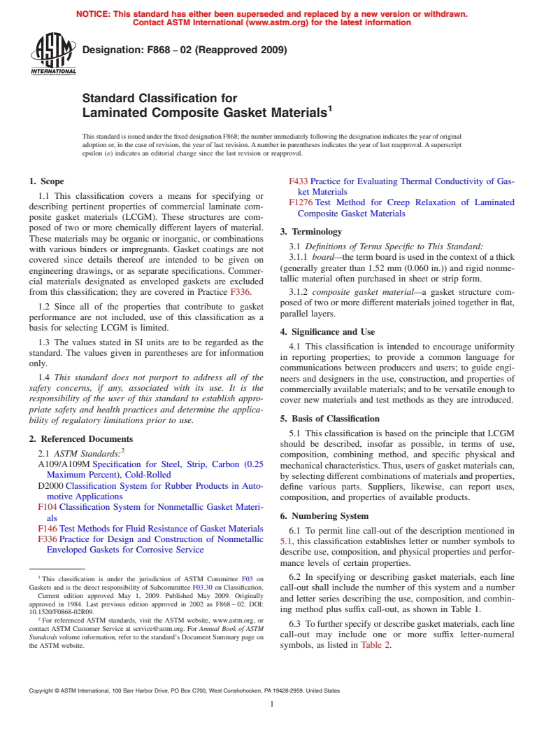 ASTM F868-02(2009) - Standard Classification for Laminated Composite Gasket Materials