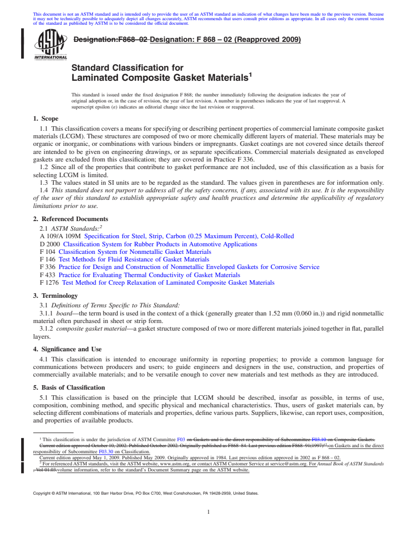REDLINE ASTM F868-02(2009) - Standard Classification for Laminated Composite Gasket Materials