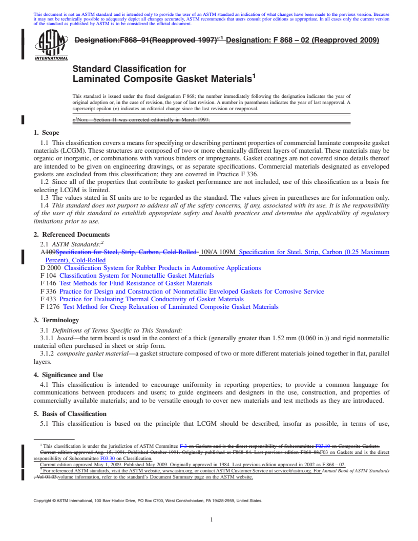 REDLINE ASTM F868-02(2009) - Standard Classification for Laminated Composite Gasket Materials