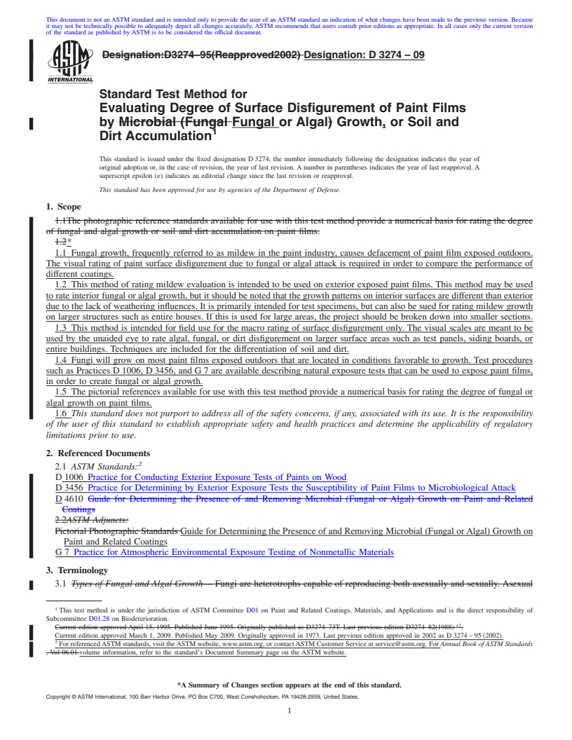 REDLINE ASTM D3274-09 - Standard Test Method for  Evaluating Degree of Surface Disfigurement of Paint Films by Fungal  or Algal Growth, or Soil and Dirt Accumulation