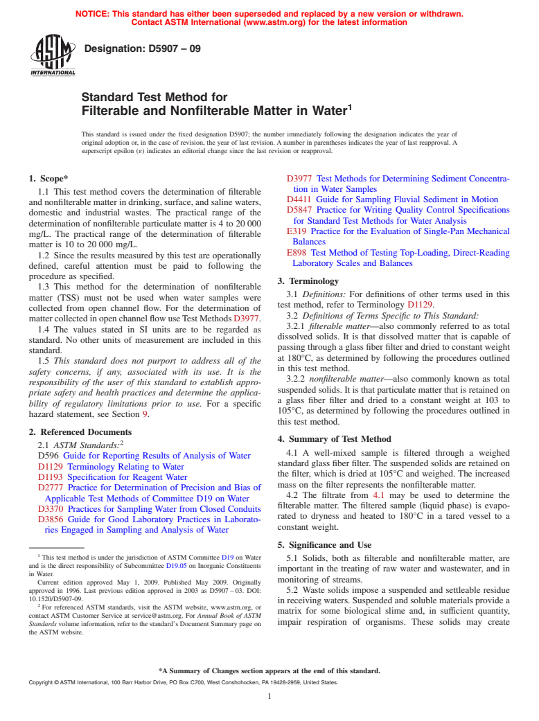 ASTM D5907-09 - Standard Test Method for Filterable and Nonfilterable Matter in Water