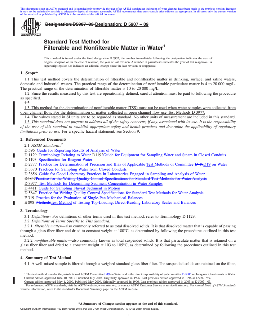 REDLINE ASTM D5907-09 - Standard Test Method for Filterable and Nonfilterable Matter in Water